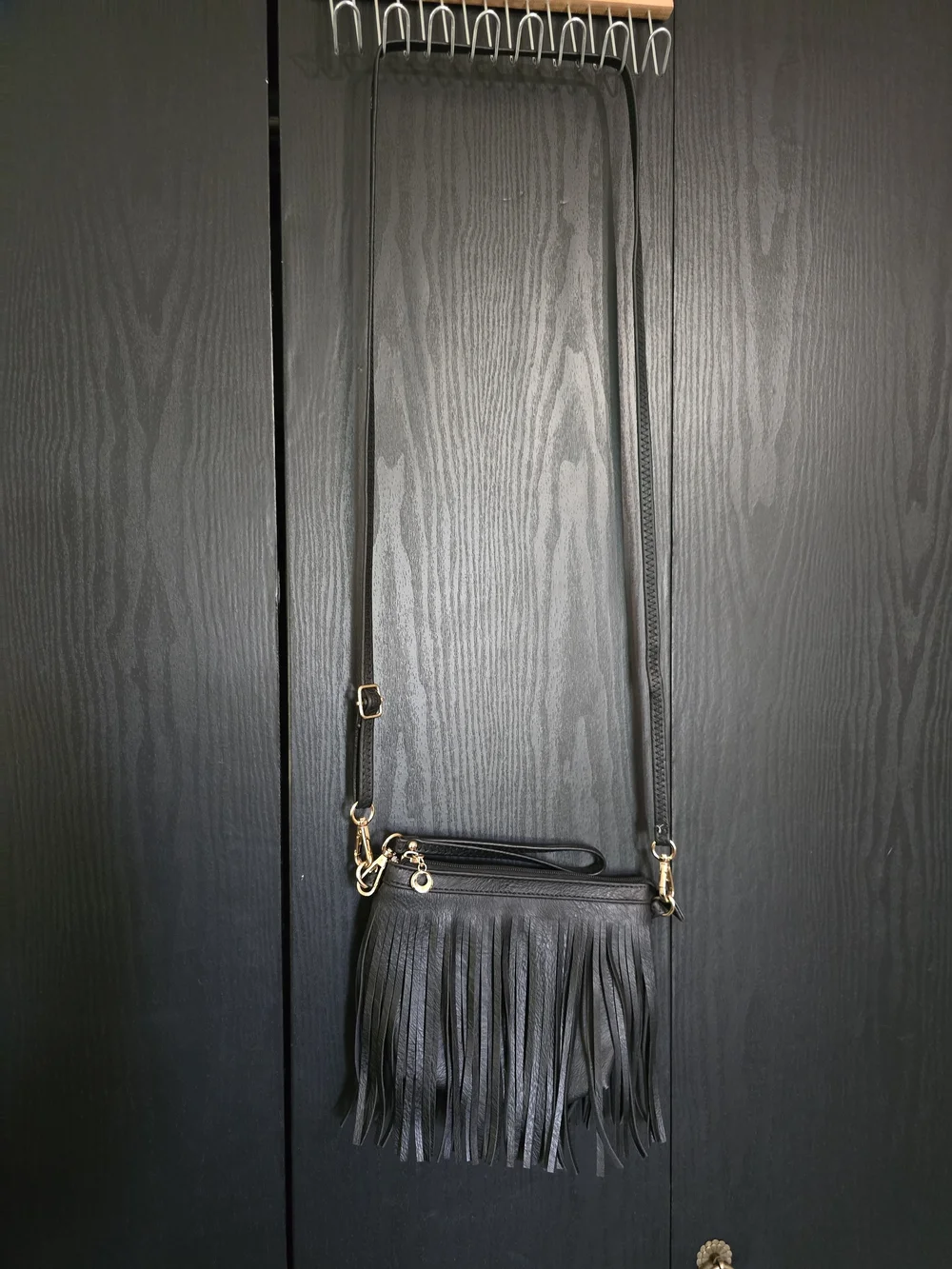 Source Unknown Black Fringe Crossbody Bag with Gold Hardware